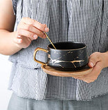 Jusalpha 10 oz Golden Hand Print Tea Cup And Saucer Set/Coffee Cup And Bamboo Saucer Set TCS19 (Black)