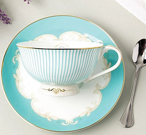 AWHOME Tea Cup and Lid and Spoon Set Royal Fine Bone China Coffee Mug 330ml  Light Blue TeaCups