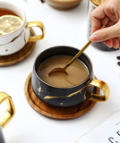Jusalpha 10 oz Golden Hand Print Tea Cup And Saucer Set/Coffee Cup And Bamboo Saucer Set TCS19 (Black)