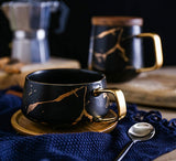 Jusalpha 10 oz Golden Hand Print Tea Cup And Saucer Set/Coffee Cup And Bamboo Saucer Set TCS19 (Black)