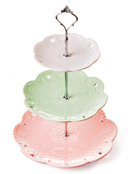 Claytonic® Supporto Per Torte A 3 Livelli In Ceramica Con Motivo Floreale In Rilievo - Altezza 37 Cm, Piatti 6-8-10 Pollici - Per Cupcake, Pasticceria, Confezione Regalo