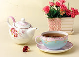 Jusalpha Fine Bone China Teapot for One, Rose Teapot and Saucer Set- Tea Cup with Saucer Set, Pink Roses (Teapot set 02)