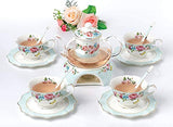 Jusalpha Fine Bone China Flower Series Teacup Saucer Spoon Set with Teapot Warmer & Filter, 16 pcs in 1 set (FDMM Glass pot set 04)