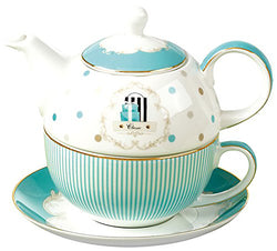 Jusalpha Bone China Blue Teapot and Server Set for One, Teapot Cup and Saucer Set (Teapot Set 04)