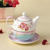 Jusalpha Fine Bone China Teapot for One, Rose Teapot and Saucer Set- Tea Cup with Saucer Set, Pink Roses (Teapot set 02)