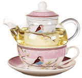 Jusalpha Glass Teapot with a Fine China Infuser Strainer, Cup and Saucer Set,Teapot and Teacup for One, Tea for one #05 (Pink)