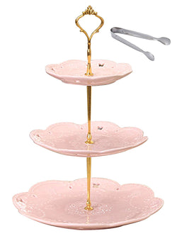 Jusalpha 3-tier Pink Ceramic Cake Stand/Cupcake Stand/Dessert Stand/Tea Party Pastry Serving Platter/Food Display, Stand, Home Decor, Pink (3RP Gold)