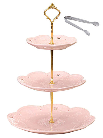 Jusalpha 3-tier Pink Ceramic Cake Stand/Cupcake Stand/Dessert Stand/Tea Party Pastry Serving Platter/Food Display, Stand, Home Decor, Pink (3RP Gold)