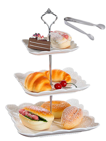 Jusalpha 3-tier Square White Ceramic Cake Stand Dessert Stand-Cupcake Stand-Tea Party Serving Platter (3SW Silver)