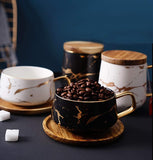 Jusalpha 10 oz Golden Hand Print Tea Cup And Saucer Set/Coffee Cup And Bamboo Saucer Set TCS19 (Black)