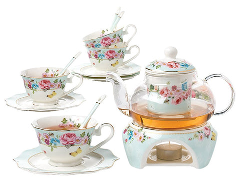 Jusalpha Fine Bone China Flower Series Teacup Saucer Spoon Set with Te