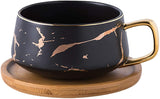 Jusalpha 10 oz Golden Hand Print Tea Cup And Saucer Set/Coffee Cup And Bamboo Saucer Set TCS19 (Black)
