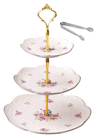 Jusalpha Elegant Embossed 3-tier Ceramic Cake Stand- Cupcake Stand- Tea Party Pastry Serving platter in Gift Box (FL-Stand 03) (3 Tier)