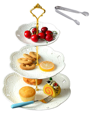 Jusalpha 3-tier White Ceramic Cake Stand-cupcake Stand- Dessert Stand-tea Party Serving Platter (3RW Gold)