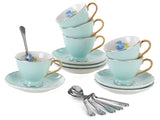 Jusalpha Fine China Tea Cup and Saucer Coffee Cup Set with Saucer and Spoon Set of 6 (FD-TCS02 blue (6), 7oz)