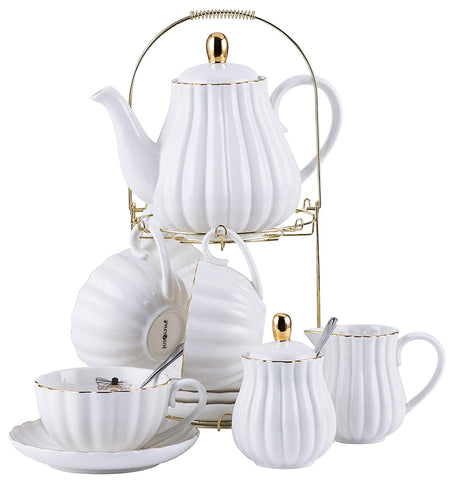 Jusalpha Glass Teapot with a Fine China Infuser Strainer, Cup and Sauc