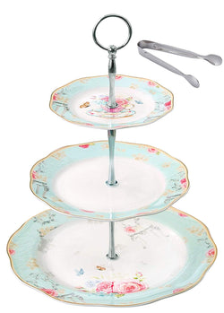 Jusalpha Light Blue 3-tier Ceramic Cake Stand- Cupcake Stand- Tea Party Pastry Serving platter in Gift Box (FD-QD3T)