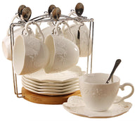 Jusalpha Porcelain Tea Cup and Saucer Coffee Cup Set with Saucer and Spoon, Set of 6 (6 Tea Cup Set With Bracket)