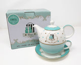 Jusalpha Bone China Blue Teapot and Server Set for One, Teapot Cup and Saucer Set (Teapot Set 04)