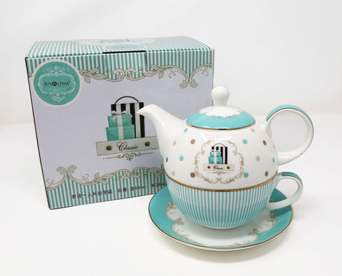Jusalpha Bone China Blue Teapot and Server Set for One, Teapot Cup and